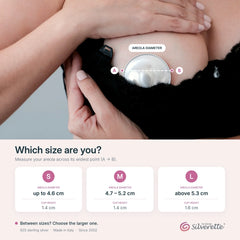 Silverette size guide chart showing how to choose Small, Medium or Large nursing cups