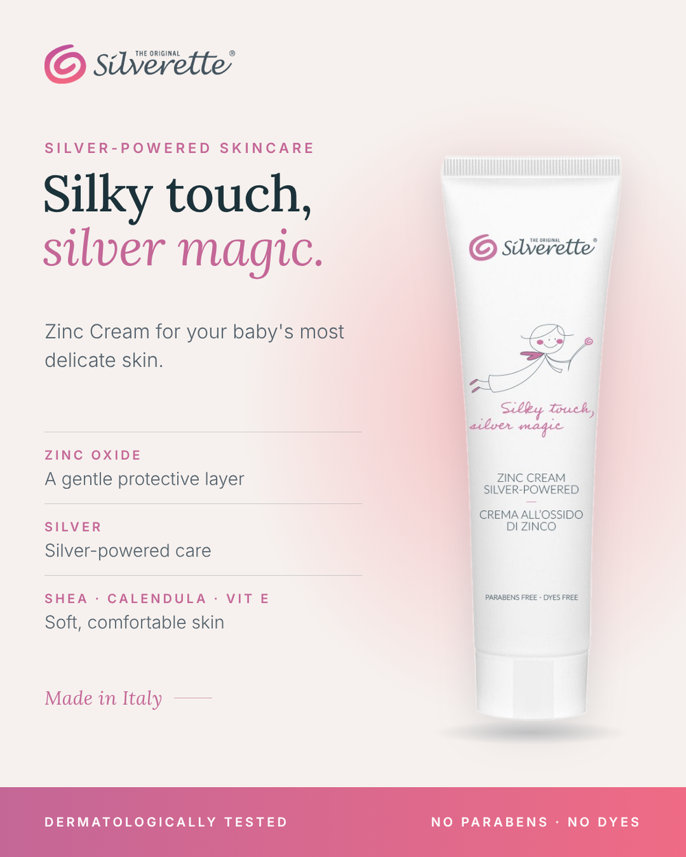Silverette Zinc Cream Silver-Powered tube with zinc oxide, silver, shea butter and calendula for baby's delicate skin