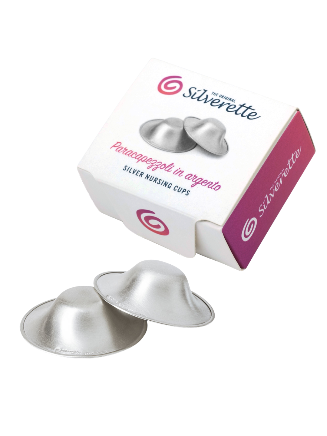 Pair of Silverette 925 sterling silver nursing cups beside their retail box