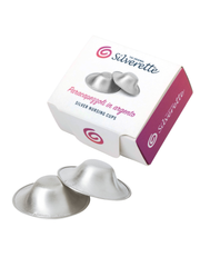 Pair of Silverette 925 sterling silver nursing cups beside their retail box