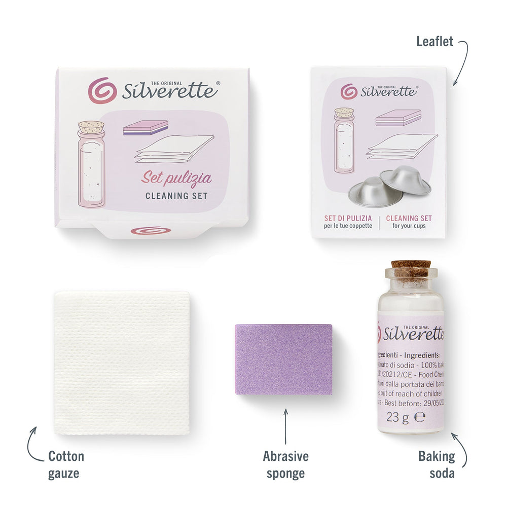 Silverette Cleaning Kit contents: baking soda, cotton gauze, cleaning sponge and instructions
