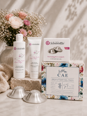 Silverette Welcome Baby Gift Set with 925 silver nursing cups, Zinc Cream, Delicate Bath and bamboo nursing pads