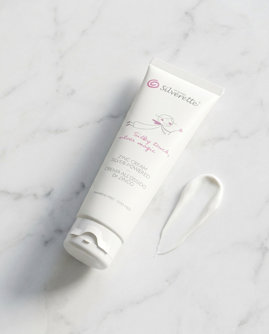 Silverette Zinc Cream 100ml with a swatch showing its smooth white texture